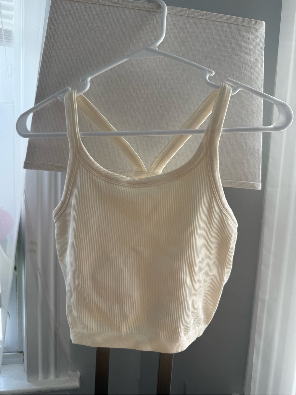 Ribbed Cream Crop Tank Top with Cross Back Straps